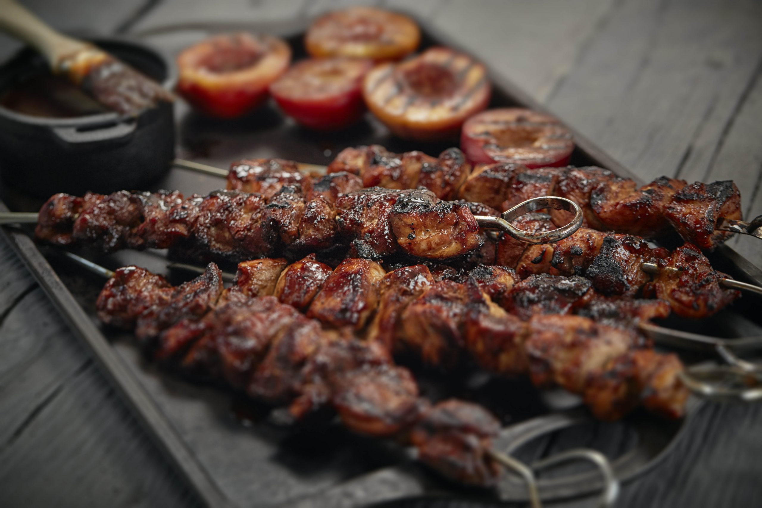 BOURBON CHICKEN KEBOBS WITH GRILLED STONE FRUIT