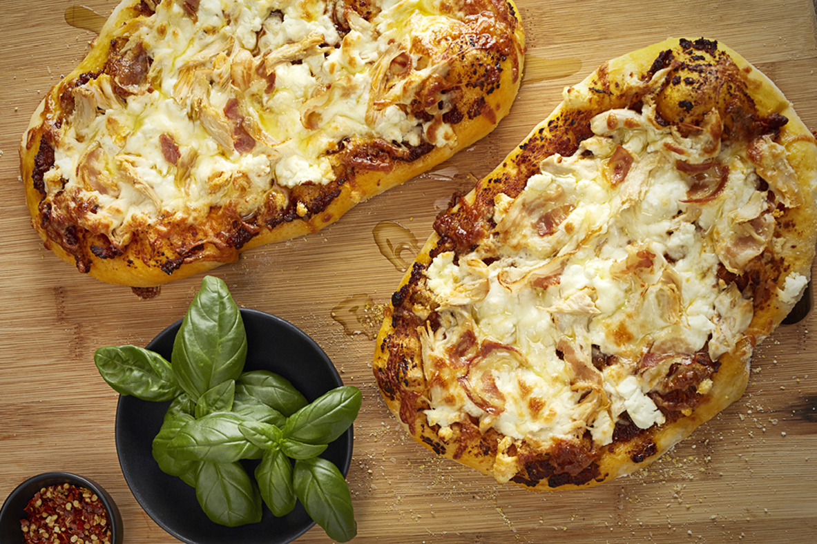 CHICKEN PANCETTA GOAT CHEESE PIZZA WITH PESTO