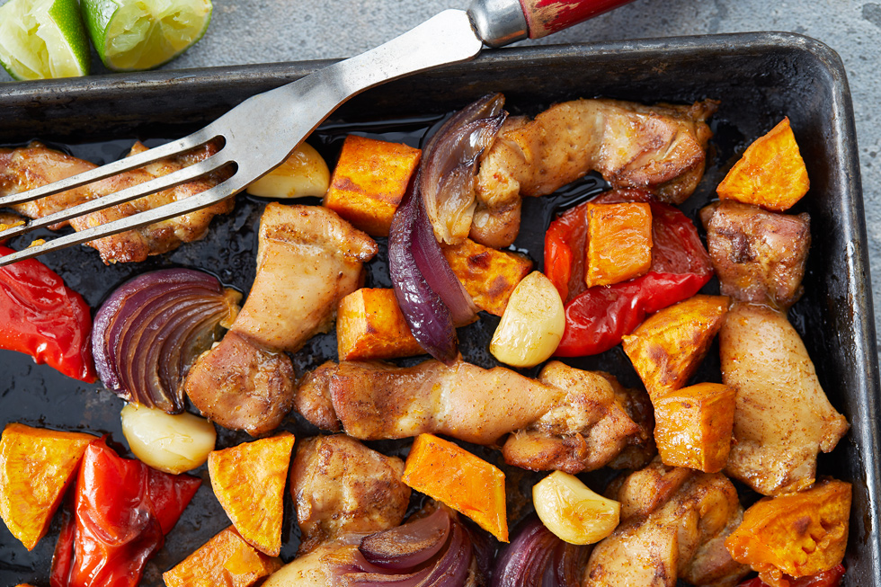 SHEET PAN CHICKEN & SWEET POTATOES WITH WARM SPICE