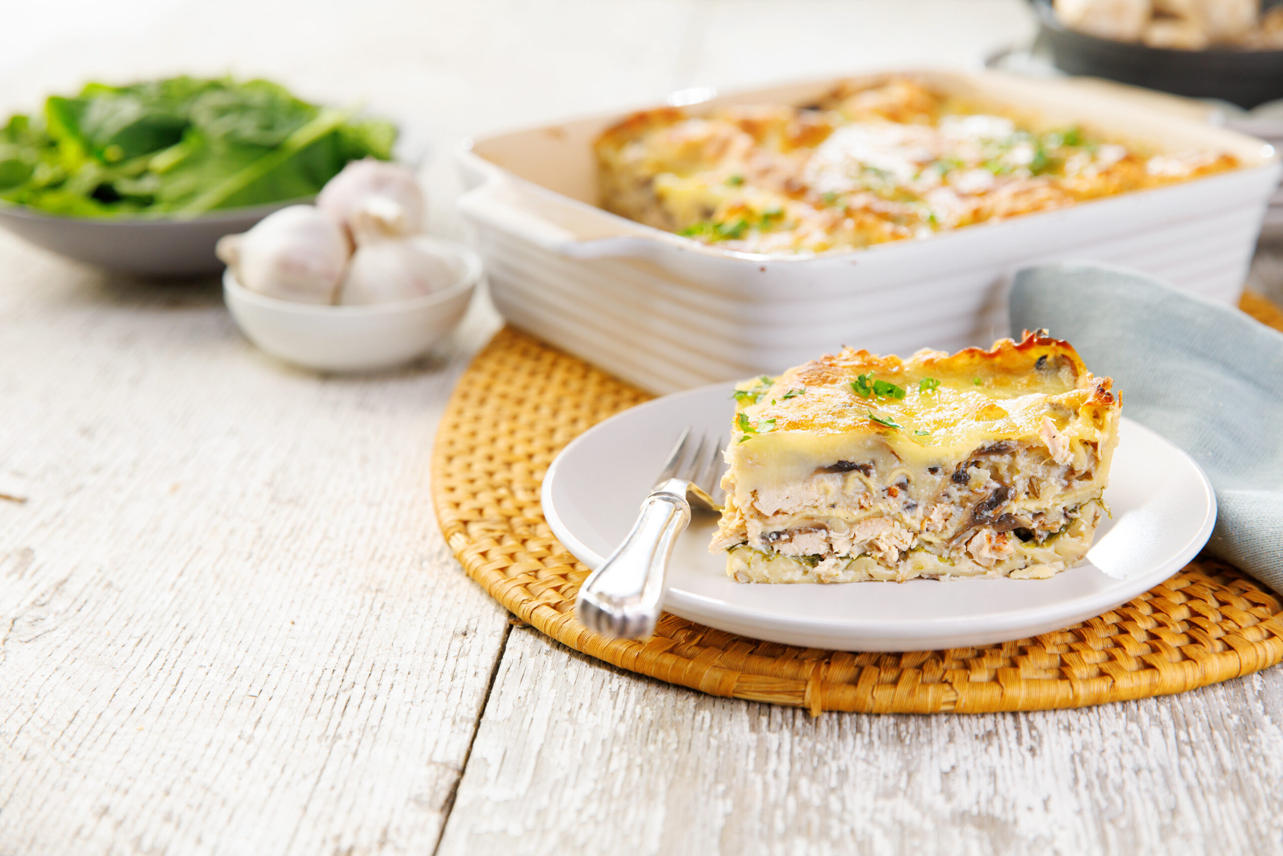 CHEESY CHICKEN SPINACH & MUSHROOM LASAGNA