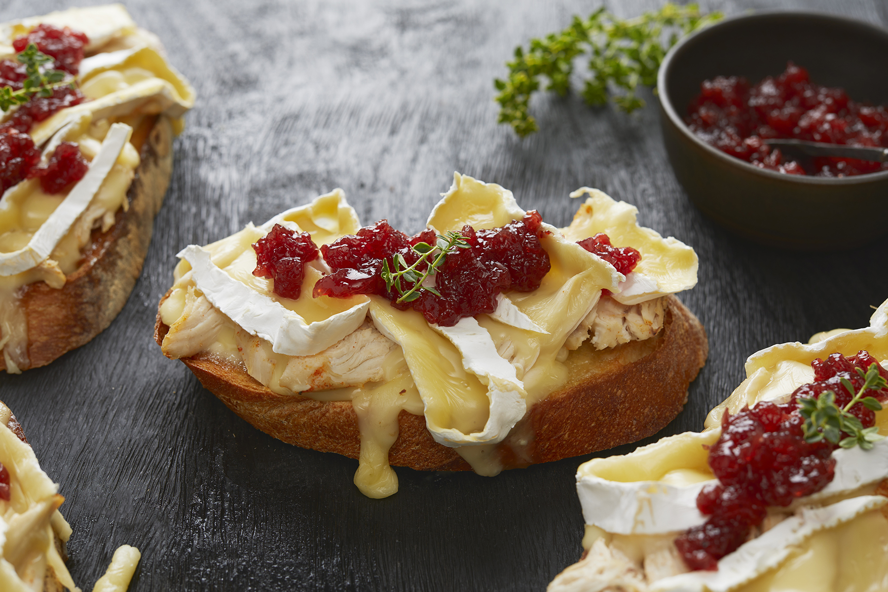 OPEN FACE CHICKEN & BRIE TOASTS