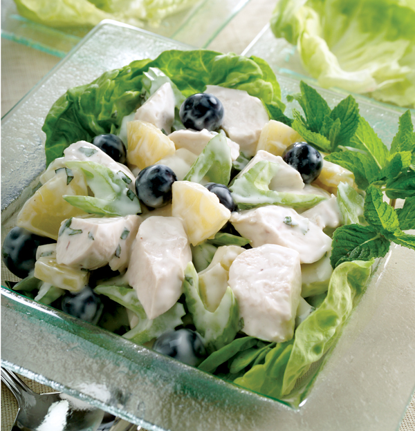 POACHED CHICKEN AND FRUIT SALAD WITH MINT DRESSING